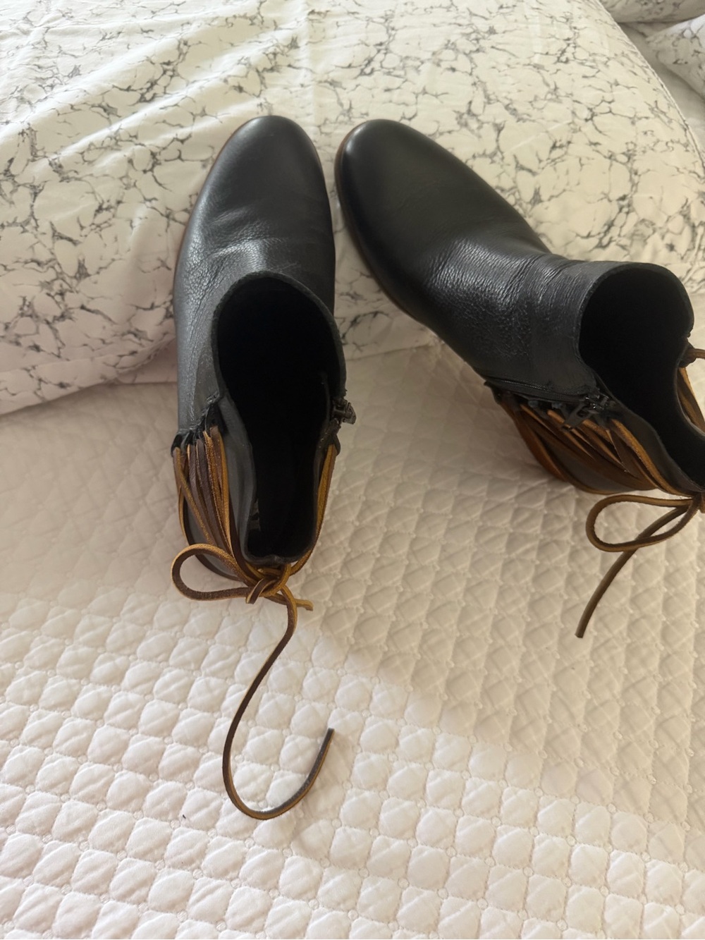Kork-Ease Black Leather Ankle Boots with Brown Fringe Laces